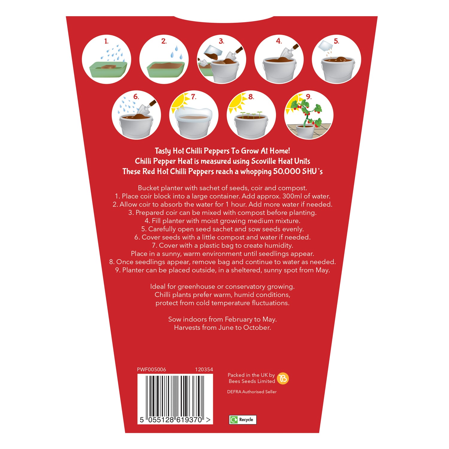 Sow Nurtured Cayenne Chilli Seeds Grow Kit in Red Bucket Planter